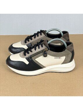 Mephisto Kim Leather Sneaker Womens 7.5 Black Tan Beige Side Zip Lace up Casual